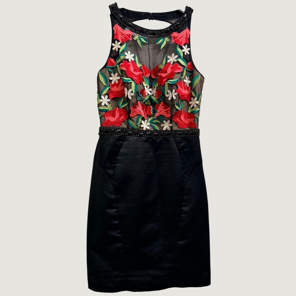 Mac Duggal Black Floral Embroidered Beaded Sheer Neck Cocktail Dress Size 10